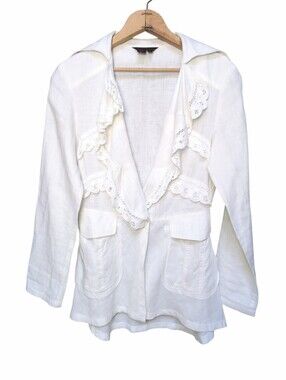 Simon Chang White Linen Blazer Fairy Suit Jacket Blazer Lace Women's Size 2